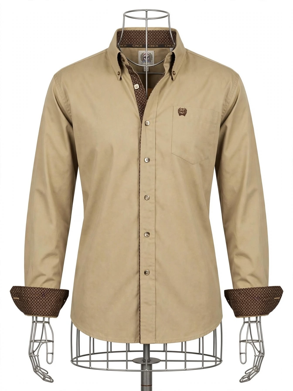 Cinch Men's Button-Down Shirt - Khaki with Brown Trim
